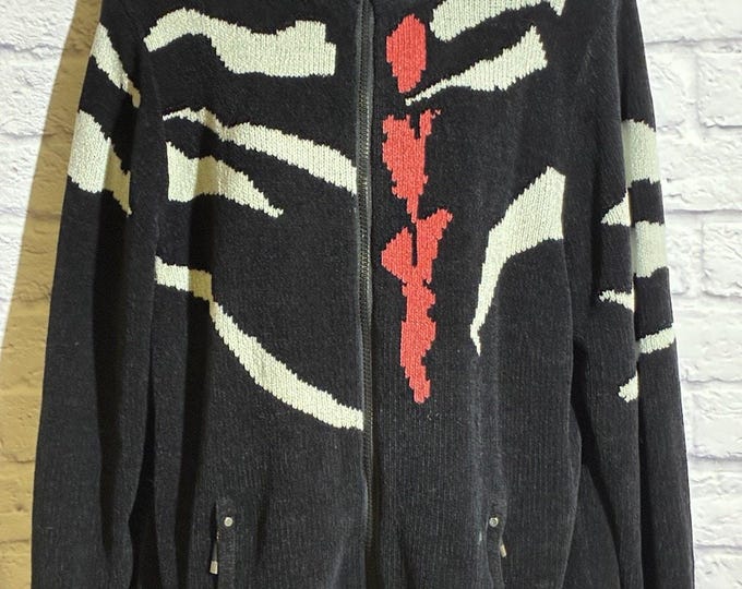 Jamie Sadock Abstract Intarsia Zip Sweater Jacket • Black Figure Design • Size M