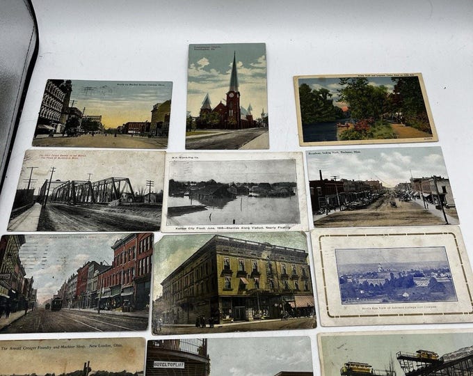 Lot 12 Antique 1905-1920s Postcards Ohio Iowa MN PA Kansas City Flood Roller
