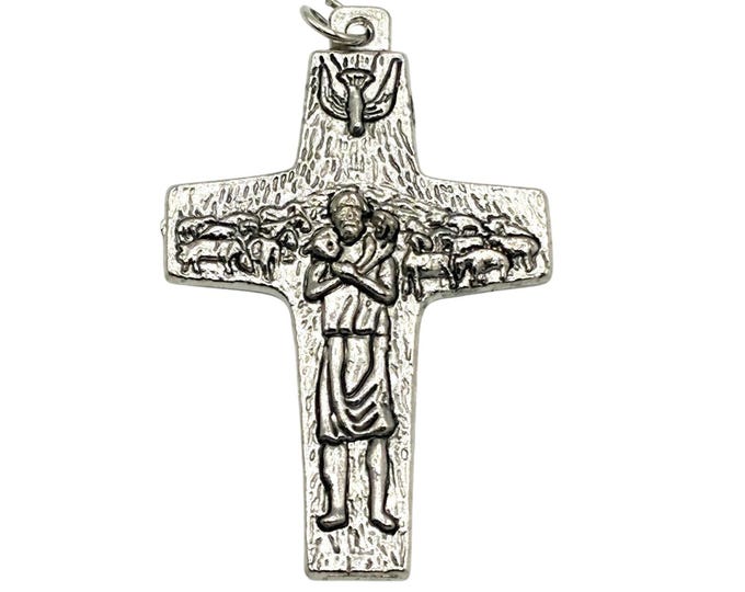 Vintage Silver Tone Shepherd Cross Pendant W/ Dove & Sheep Design Catholic Religious