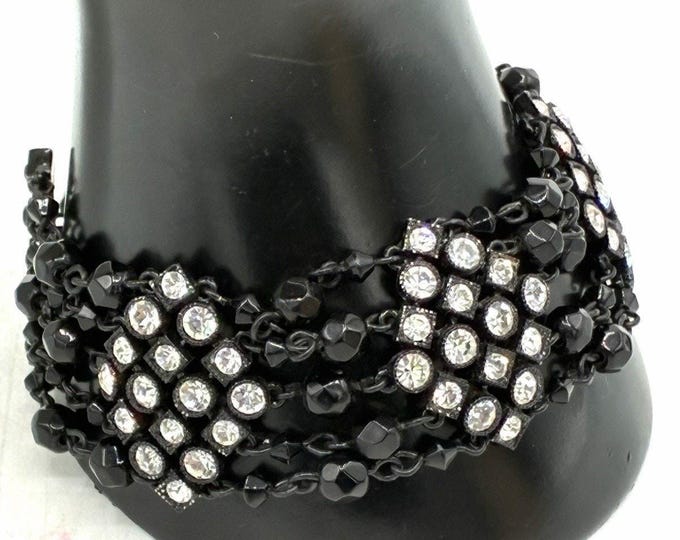 Avon Black Beaded Rhinestone Multi Strand Bracelet Art Deco Style Statement
