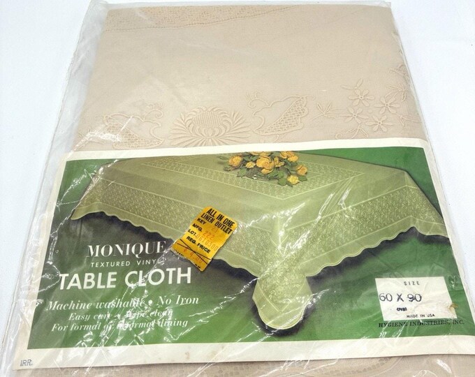 Vintage Monique Vinyl Tablecloth 60x90 Oval, Lace Floral NOS Made in USA