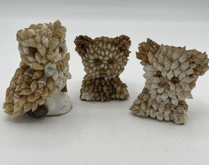 Vintage Seashell Encrusted Owl Bear Figurine Set 3 Coastal Folk Art Boho