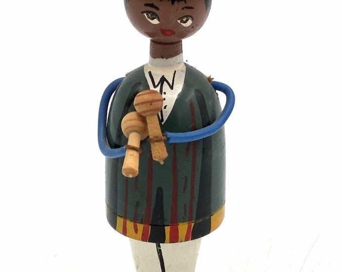 Vintage 3” Wooden Folk Art Musician Doll Maracas Straw Hat Handmade