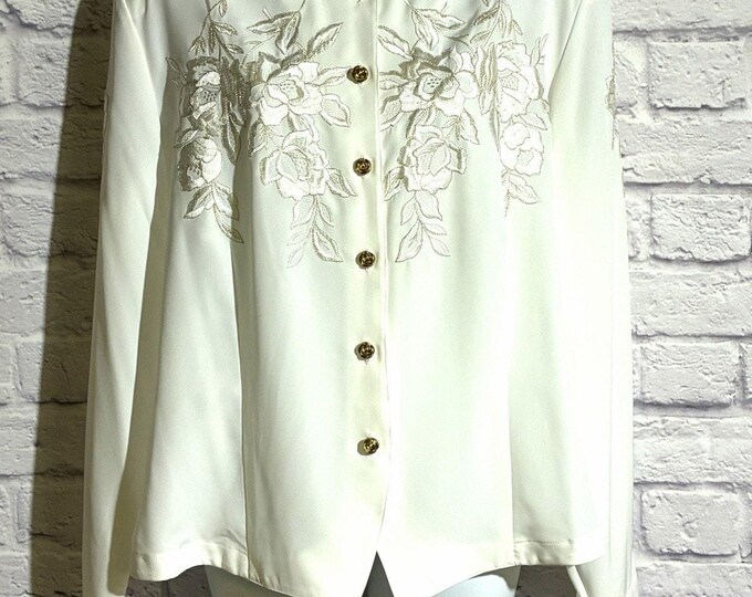 Kathy Che Womens 16 NWT Ivory Embroidered Blouse Gold Rose Buttons Y2K