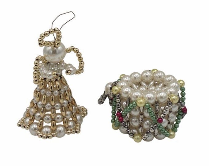 Vintage Beaded Angel Christmas Ornament Set of 2 Pearl Gold Gift Box Holiday Decor