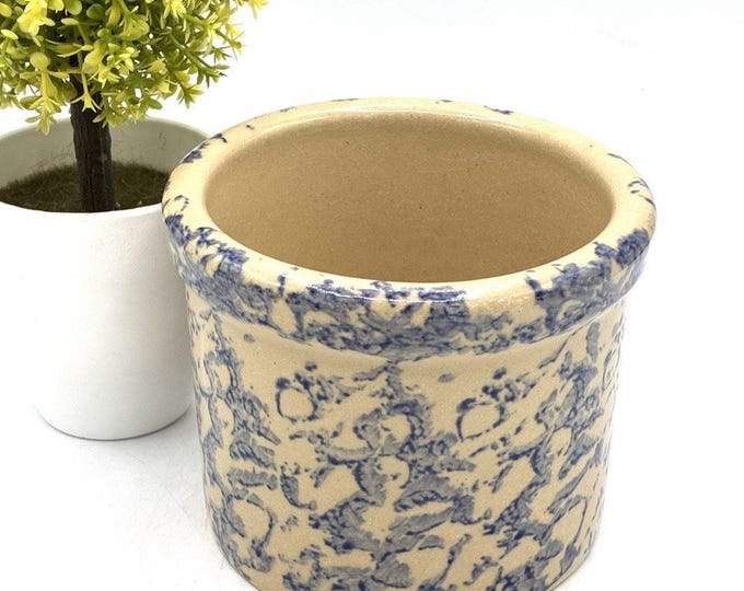 Vintage Robinson Ransbottom RRP Blue Spongeware Crock Utensil Holder 4” USA