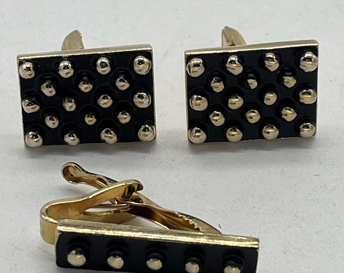 Vintage Black & Gold Studded Cufflinks, Rectangle Cuff Links W/ Tie Clip Set
