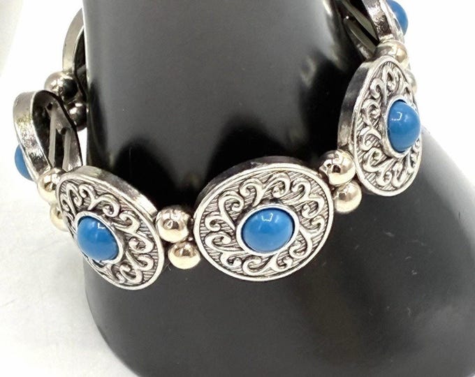 Blue Cabochon Stretch Bracelet Silver Tone Filigree Medallion Boho Jewelry