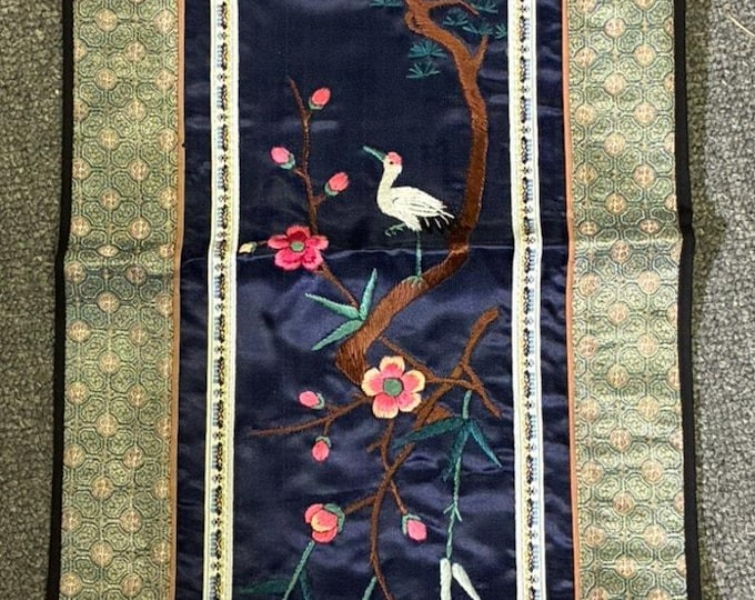 Vintage Chinese Silk Dresser Scarf Embroidered Crane Plum Blossom Beijing