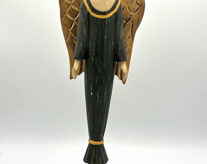 Pier 1 Wooden Angel Figurine 15” Gold Wings Folk Art Style on Stand