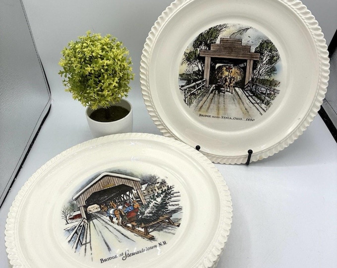 Delano Studios Set 6 Covered Bridge Plates Hand Colored Vintage 1958 Sloane