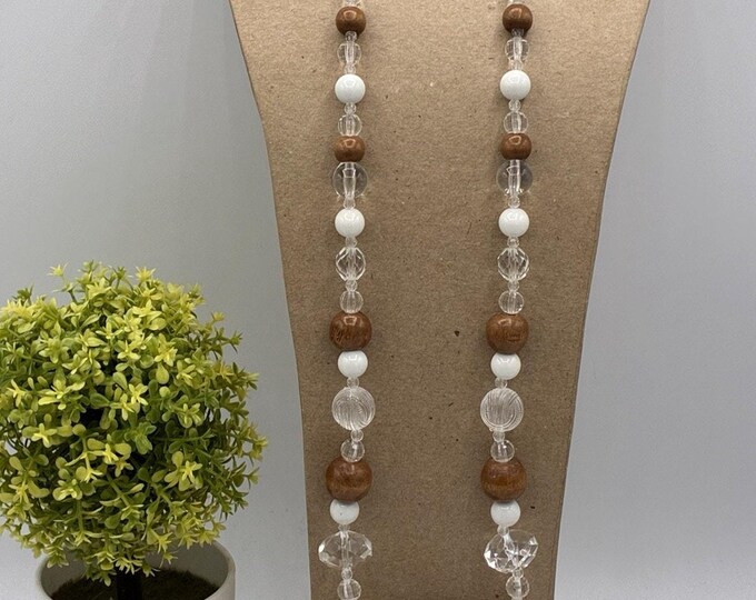 Vintage Wood Clear Carved Lucite White Bead Long Necklace 26 Inch Boho 70s