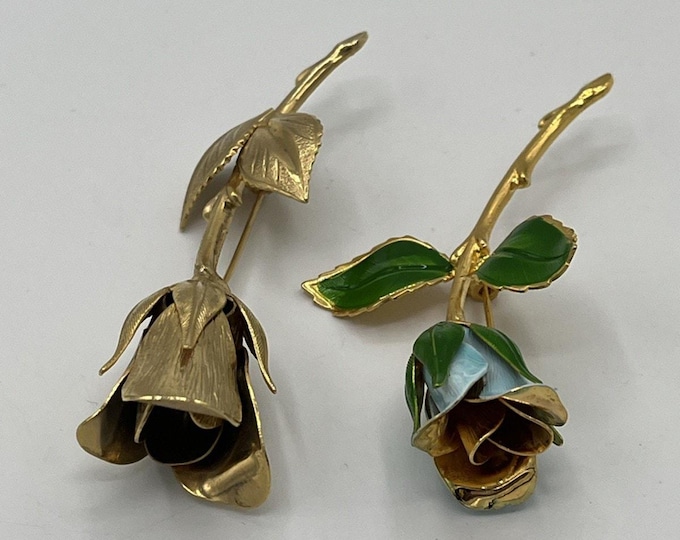 Vintage Rose Brooch Lot of 2 Large 3 Inch Gold Tone Blue Green Floral Pins