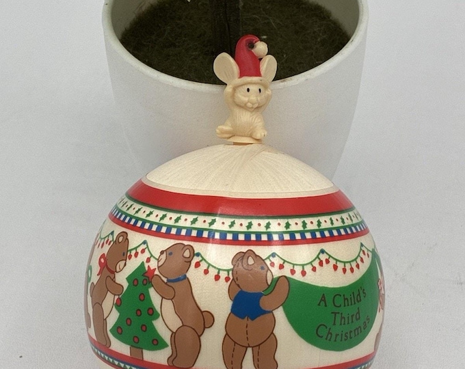 Vintage 1984 Hallmark Childs Third Christmas Satin Ball Ornament Teddy Bears