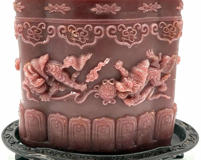 Large Asian Dragon Phoenix Relief Pillar Candle 6.5” 4 LB Bombay Stand AS IS