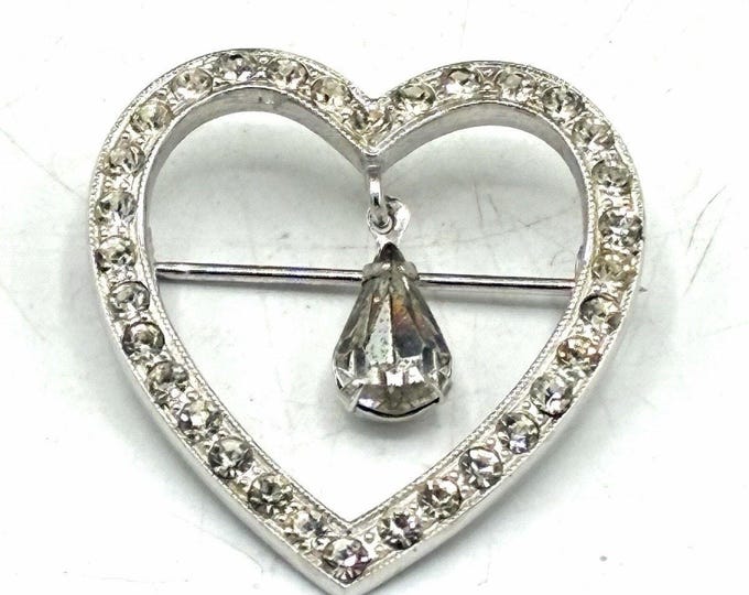 Vintage Crystal Rhinestone Heart Brooch/ Pin Prong Set Silver Tone