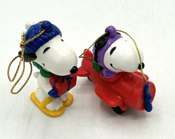 Vintage Snoopy Peanuts Christmas Ornaments Lot 2 Skiing Airplane UFS