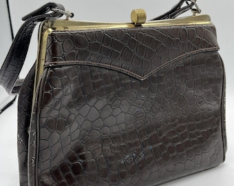 Vtg Brown Alligator style Leather Frame Handbag With Brass Hardware & Top Handle READ