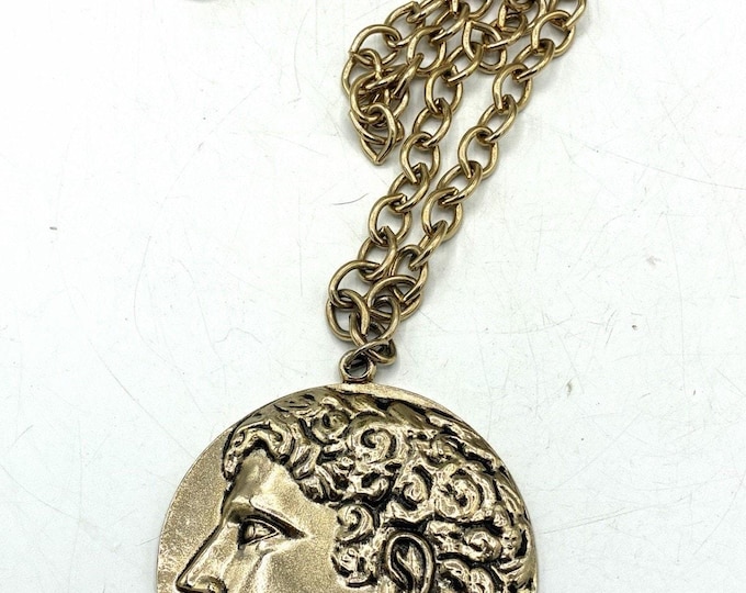 Vintage Swank Medallion Necklace 30” Gold Tone Classical Profile Pendant Large