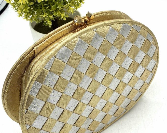 Vanessa Vintage Gold Silver Metallic Woven Oval Evening Clutch Crossbody Bag