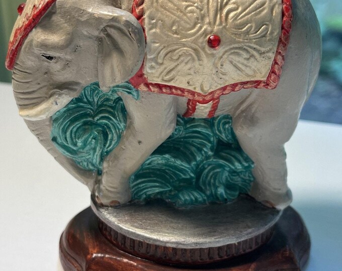 Vintage Chalkware Asian Elephant Figurine Colorful Painted Faux Wood Base 4x4"