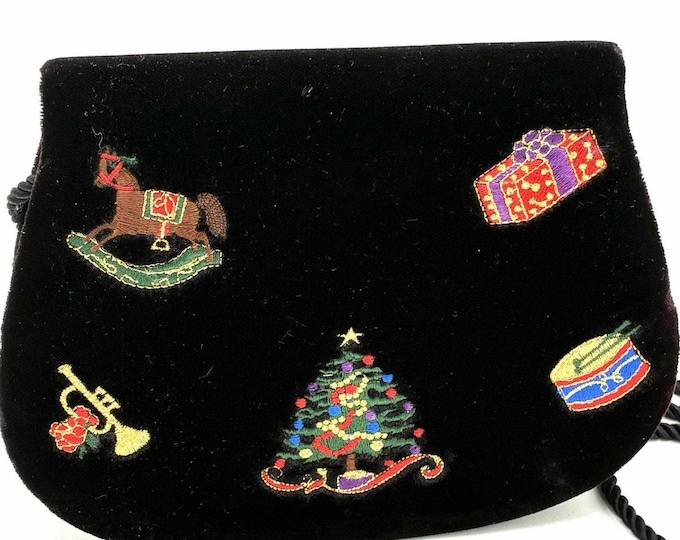 Karen Scott Velvet Christmas Purse Embroidered Tree Toys Holiday Bag 6x7.5