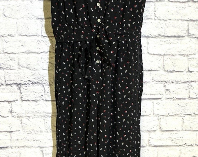 J Jill Black Ditsy Floral Wide Leg Jumpsuit Button Front Tie Waist Size M