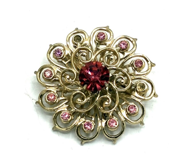 Vintage Coro Pink Rhinestone Floral Brooch Gold Tone Mid Century 1950s Signed