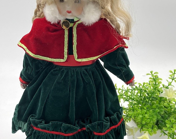 Vintage Porcelain Christmas Doll – Green Dress, Red Cape, Holiday Décor (Blonde)