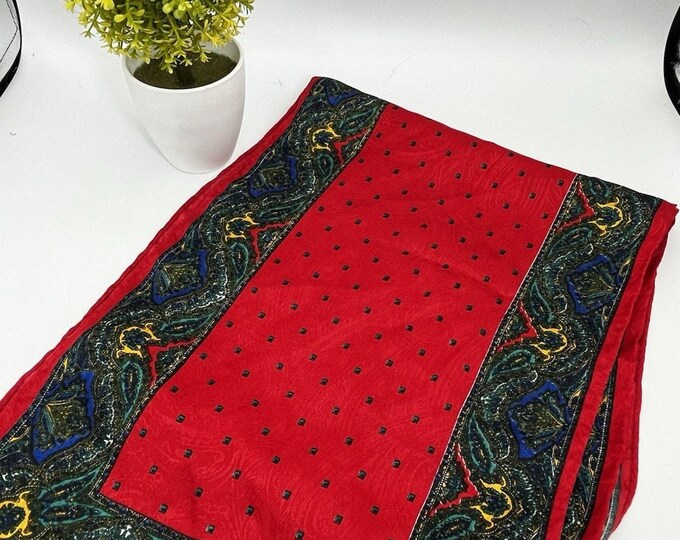 Vintage Red Paisley Scarf Bandana Neckerchief Polka Dot Center 10”x52”
