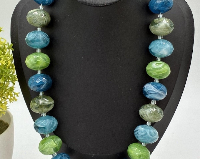 Blue Green Swirl Faceted Bead Statement Necklace Chunky 18 Inch