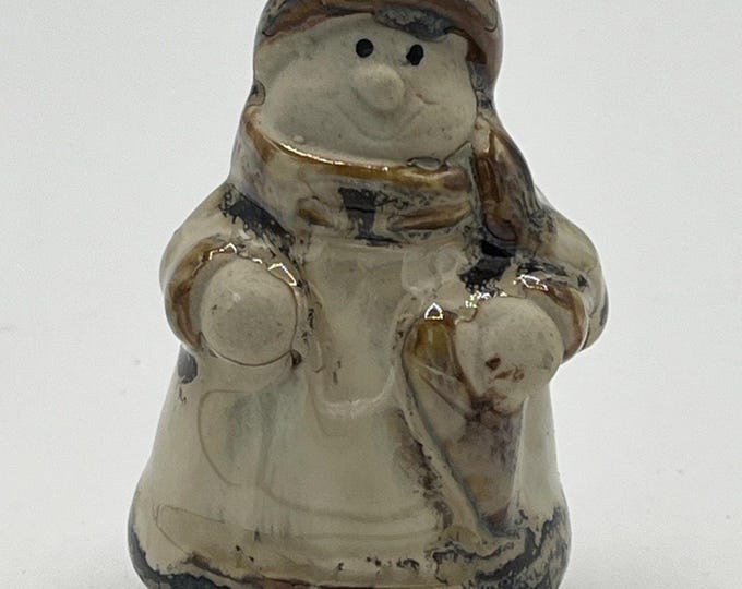 Vintage Ceramic Snowman Figurine Ornament Glazed Beige Cottagecore Pottery