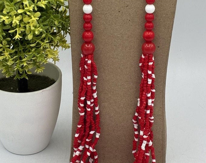 Vintage Red White Beaded Multi Strand Necklace 34” Statement Jewelry