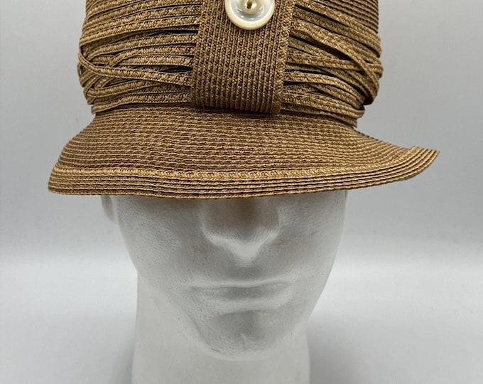 Vintage Tan Brown Straw? O’Neil’s Union Made Cloche Hat Sz 22 Button Straps Accents