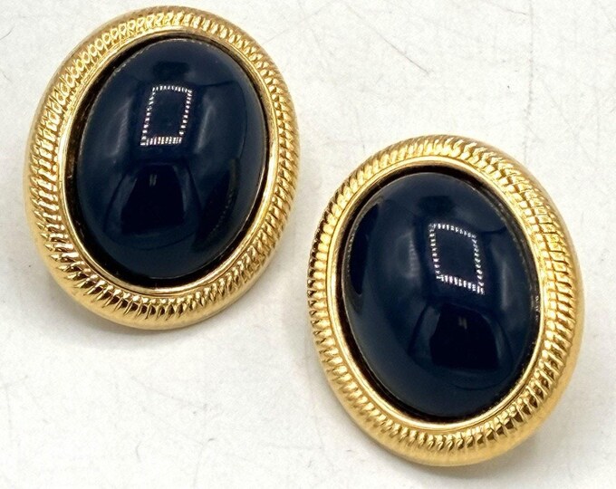 Vintage Gold Tone Navy Blue Cabochon Oval Earrings Rope Edge Bezel Post Studs 1”