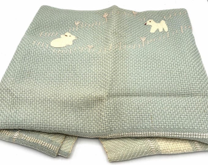 Vintage Blue Baby Blanket Bunny Dog Applique Embroidered Nursery 37 x 29 Inch
