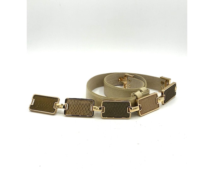 Chico’s Leather Belt – Resin Panel Links Gold Tone Hardware Size Medium