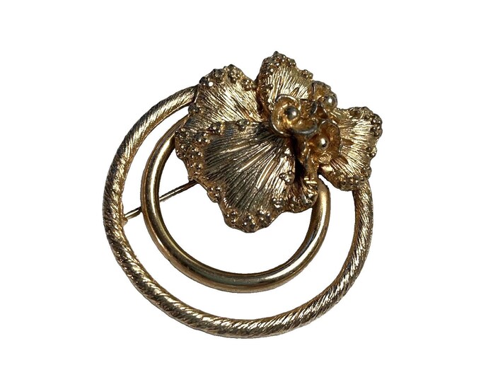 Hilco Vintage Gold Tone Double Circle Floral Signed 3-D Brooch w/patent 177-528