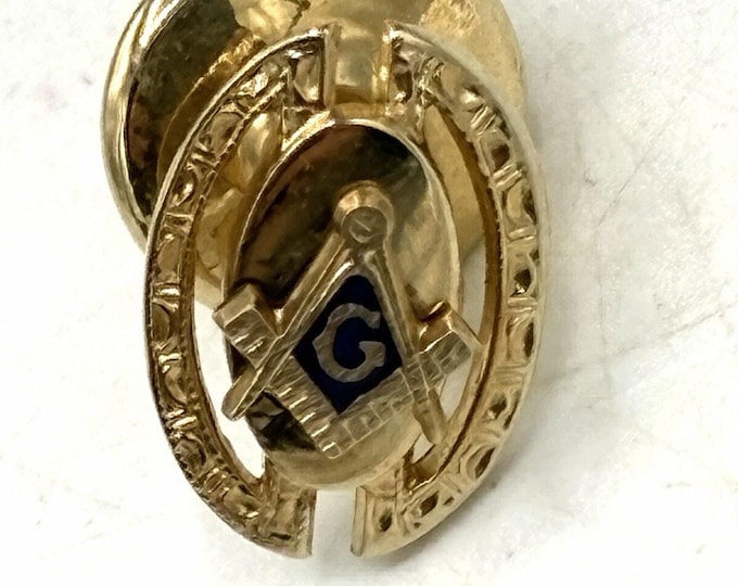 Vintage Freemason Horseshoe Square Compass Tie Tack Black Enamel Gold Tone