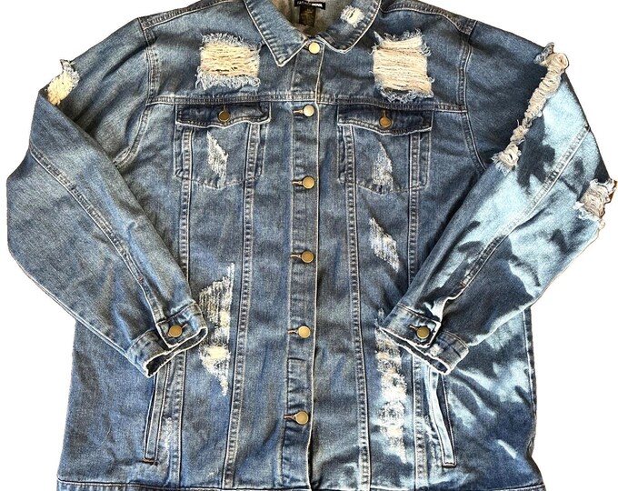 Fashion Nova Women’s Size 3X “So Me” Denim Jacket Ripped Classic 90s Retro Blue