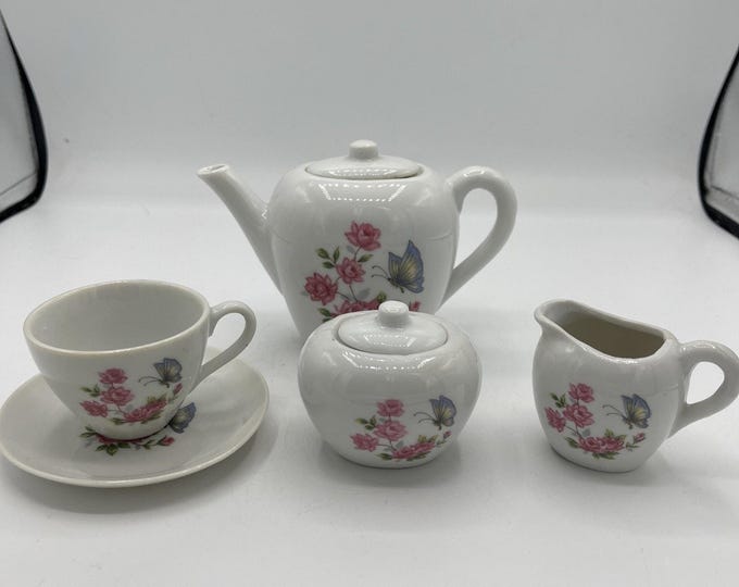 Mini Vintage Japanese Tea Set Of 5 Flowers Butterfly Vintage Teapot Creamer