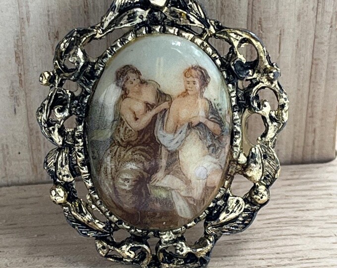 Vtg Cameo Porcelain Renaissance Victorian Lady Picture Enamel Pin Pendant Brooch