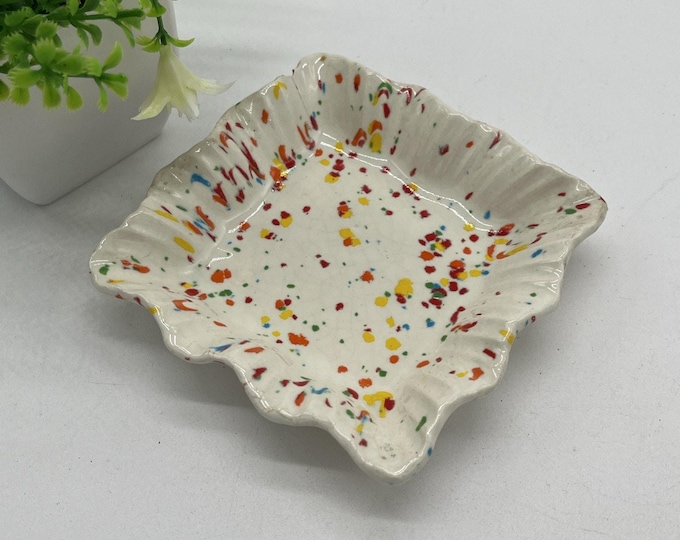 Vintage MCM 70s? Colorful Drop Glaze Speckled Ashtray Square Gorgeous Retro USED