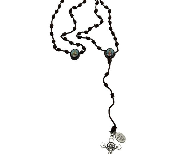 Vintage Brown Rope Rosary Silver Tone INRI Crucifix Catholic Prayer Beads