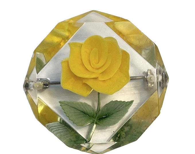 Vintage Reverse Carved Lucite Yellow Rose Brooch Faceted Clear Floral Pin
