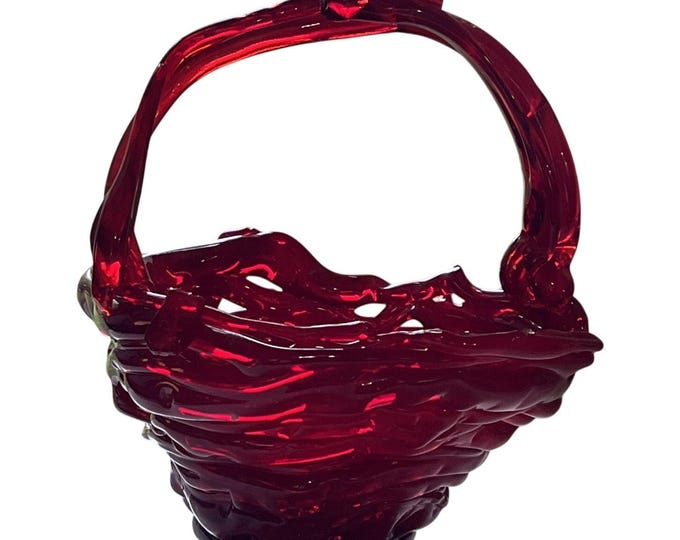 Vintage Red Art Glass Basket Bowl – Handmade Sculpted Handle 7x6x6