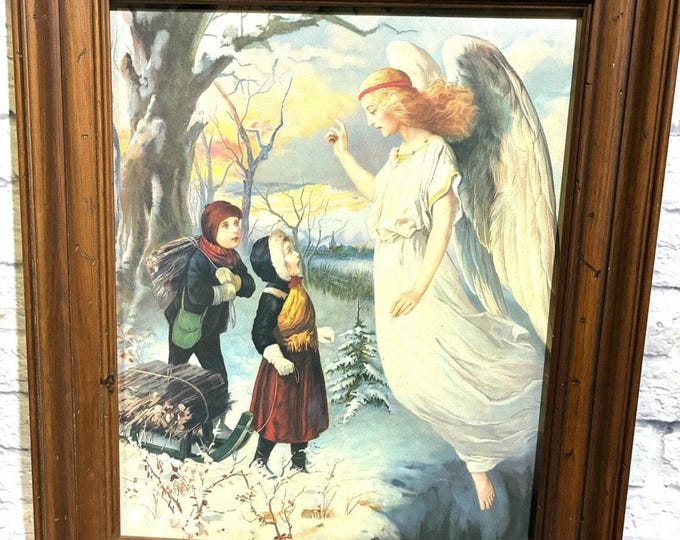 Vintage Guardian Angel Children Winter Snow Framed Religious Art Print 21x24