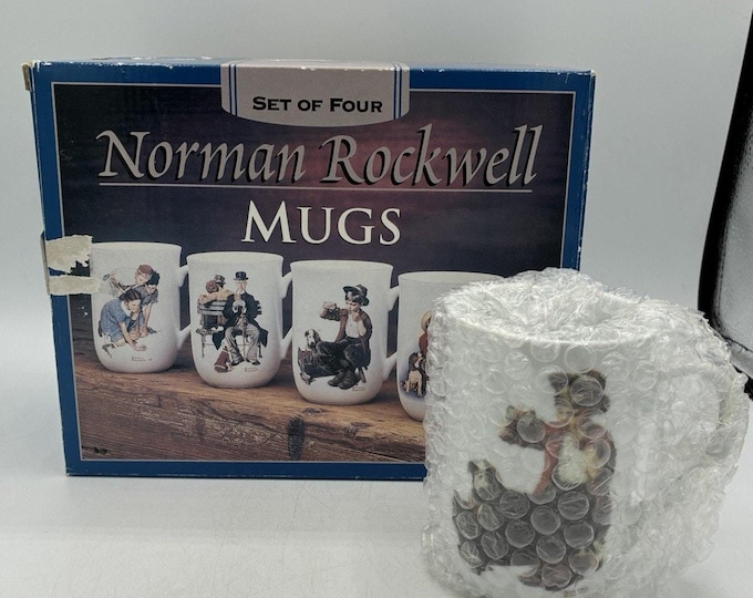 Norman Rockwell Mugs Set of 4 NOS Original Box Vintage Collector Coffee Cups