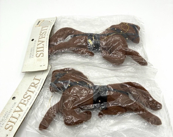 Vintage Silvestri Plush Horse Ornaments, Pair NOS Brown Equestrian Christmas