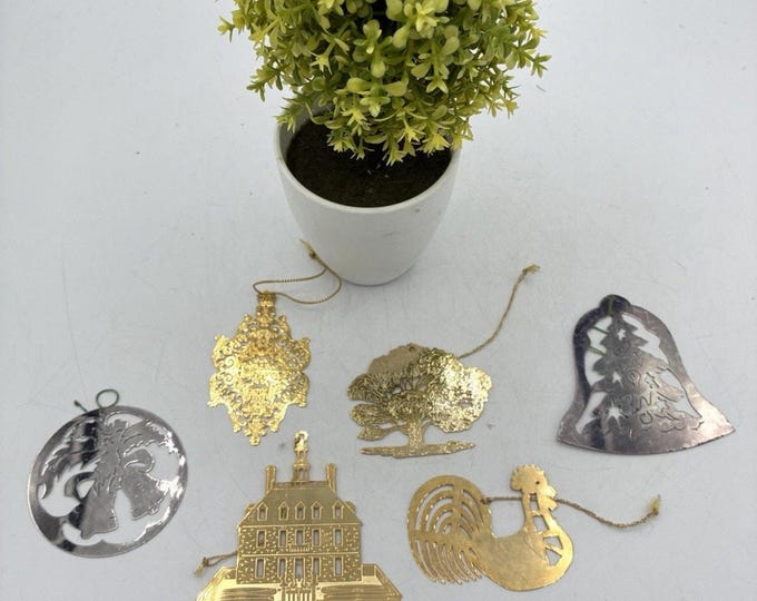 Vintage Mixed Metal Die Cut Christmas Ornament Lot 6pc Gold Silver Brass Rooster